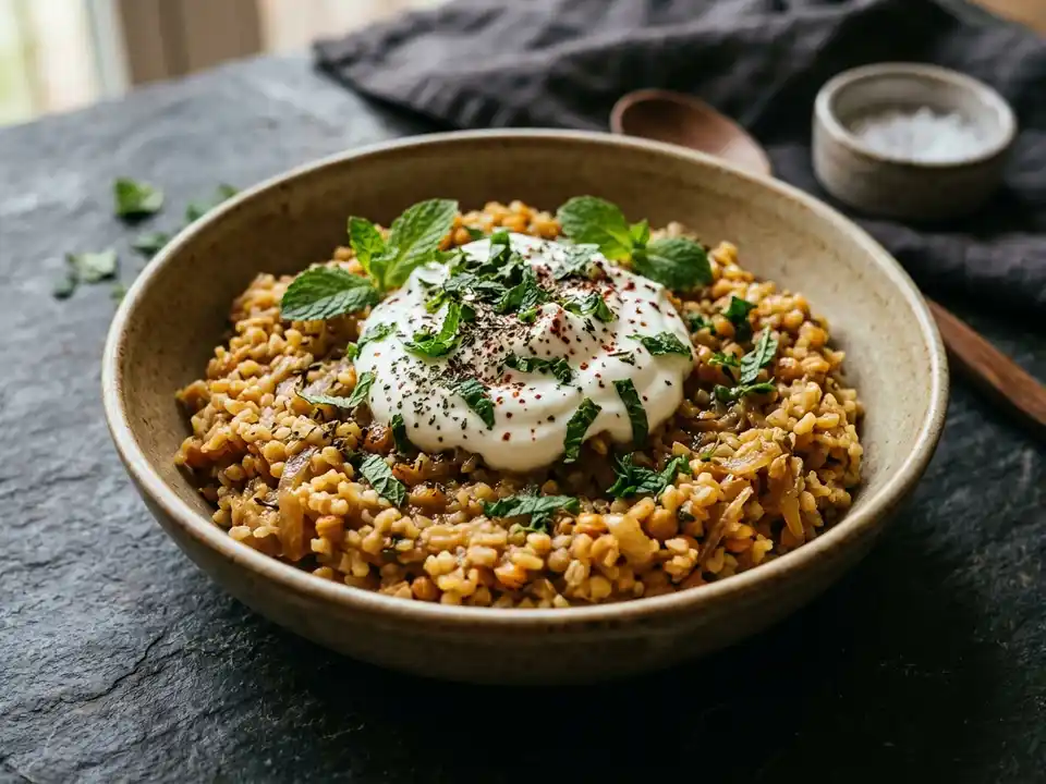 Türkischer Linsen-Bulgur-Pilav mit Joghurt und Minze