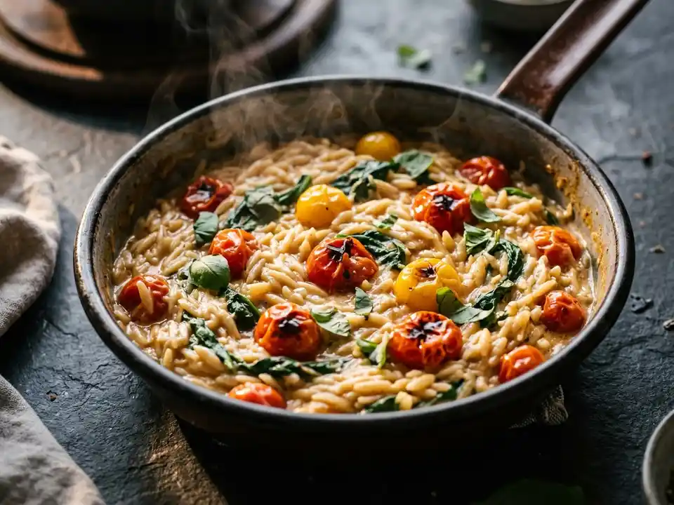 Vegane Orzo-Pfanne mit Kirschtomaten und Basilikum