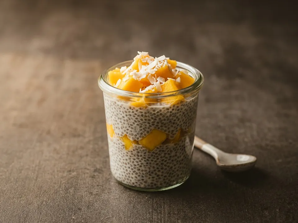Veganer Chia-Pudding mit Mango und Kokos