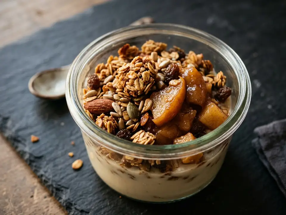 Veganes Granola mit Ofenobst und Sojamilch