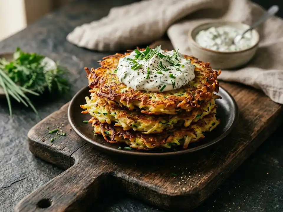 Zucchini-Kartoffel-Puffer mit Kräuterquark